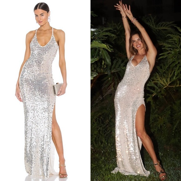 NWT RETROFETE Sequined Crochet Plunge V-Neck Cross Back Sleeveless Maxi Dress XS - Picture 9 of 16